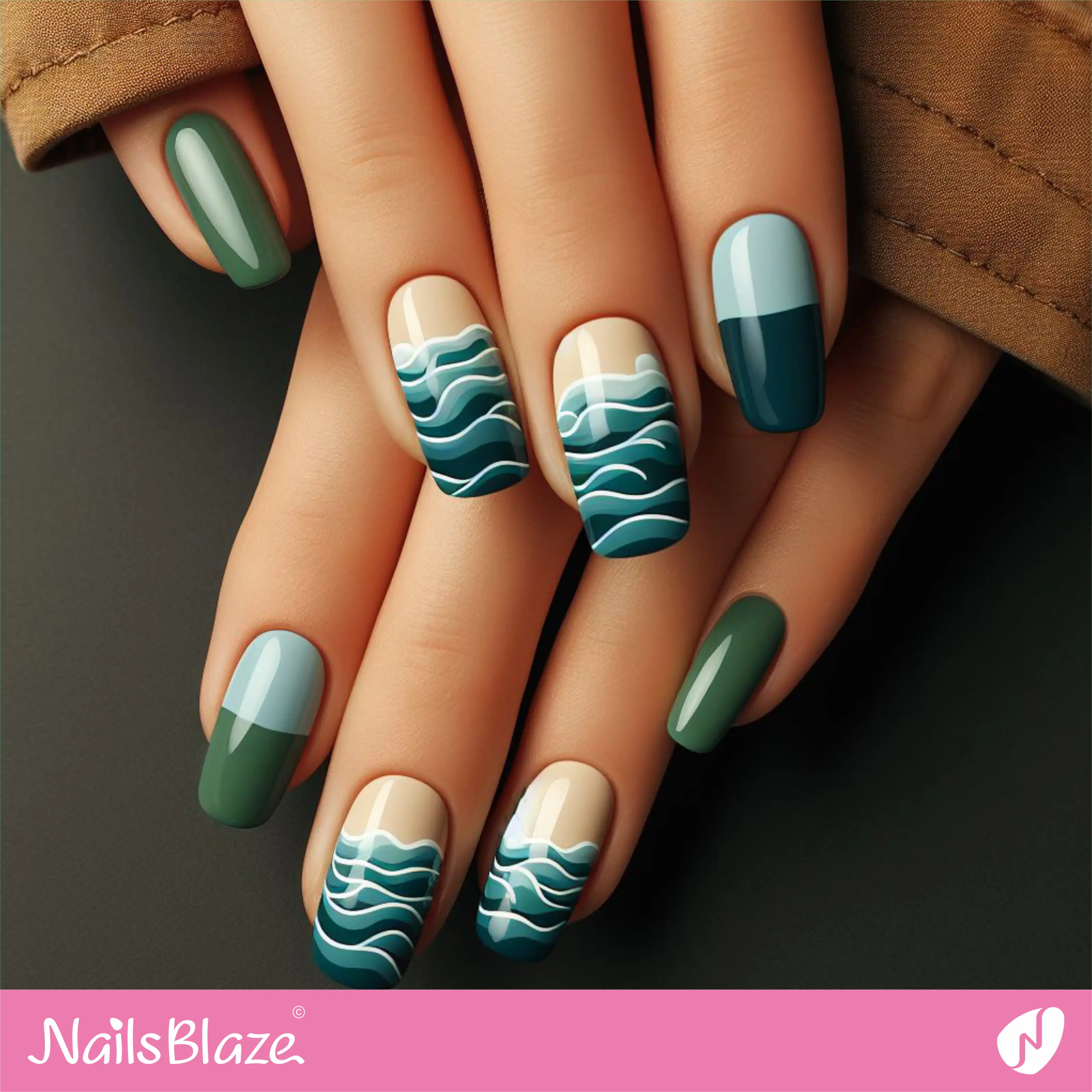 Glossy Color-Blocking Nails with Ocean Waves Design | Save the Ocean Nails - NB3281